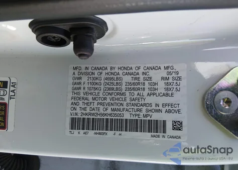 2019 Honda Cr-V Ex z USA, uszkodzony, nr VIN 2HKRW2H56KH635053